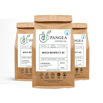 Pangea Coffee Bold Respect 3-Pack – low acid, dark roast, allergen-free espresso bags