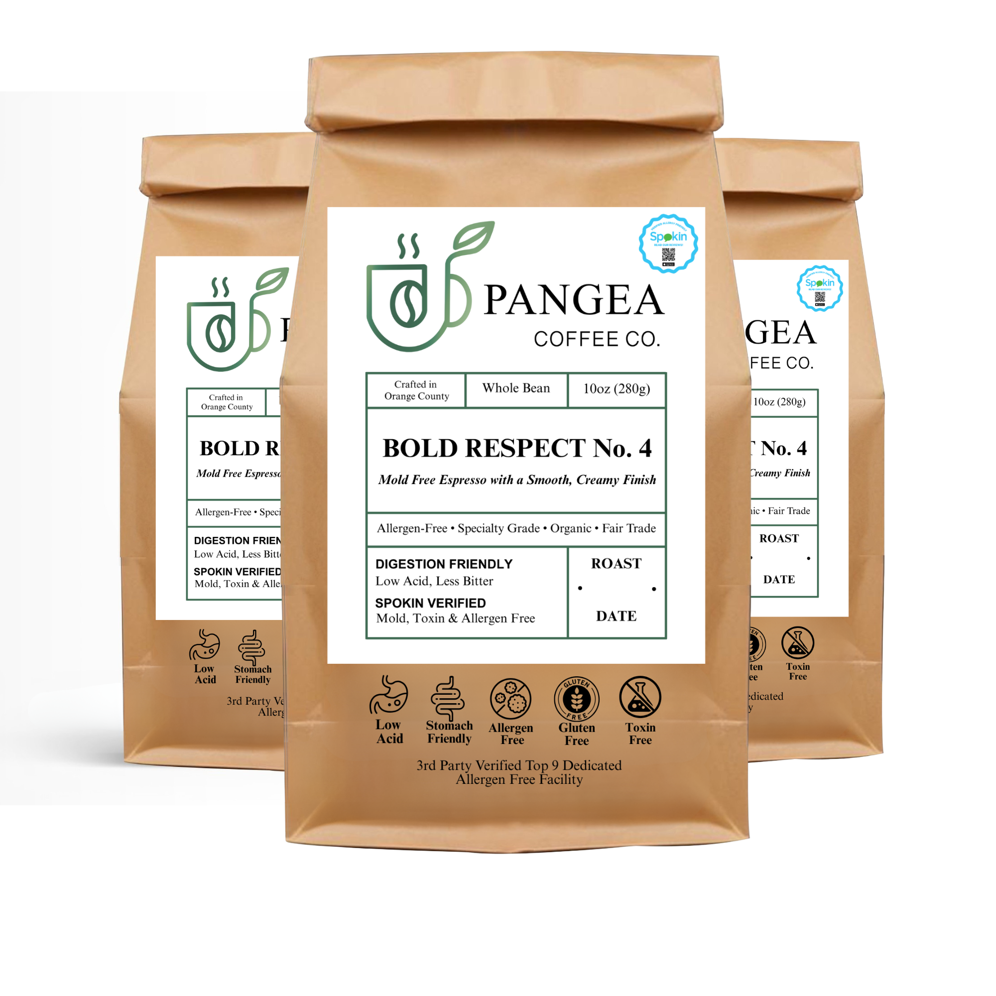3-Pack Coffee Bundles — Pangea Bold Respect No. 4 three-bag low acid, mold-free, SPOKIN-verified allergen-free espresso value pack, ships free | Pangea Coffee