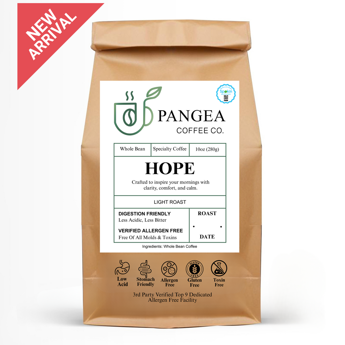 Front-facing image of Pangea Coffee’s Hope Light Roast bag – Roaster’s Choice whole bean coffee featuring floral and fruit-forward notes with a clean, gentle design.
