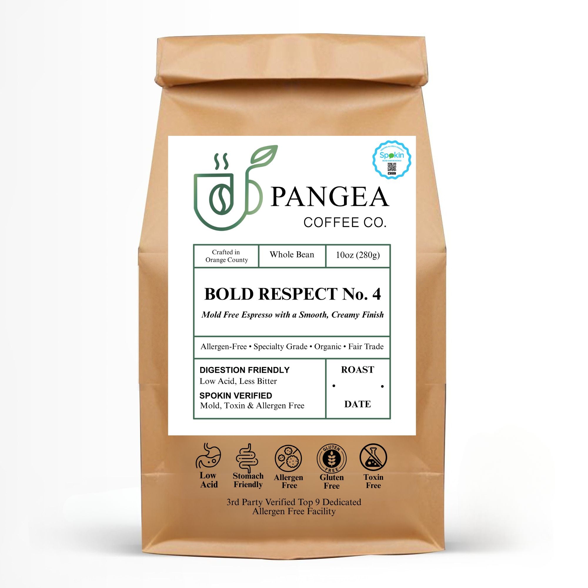 Pangea Bold Respect dark roast bag on white background — low-acid, allergen-free