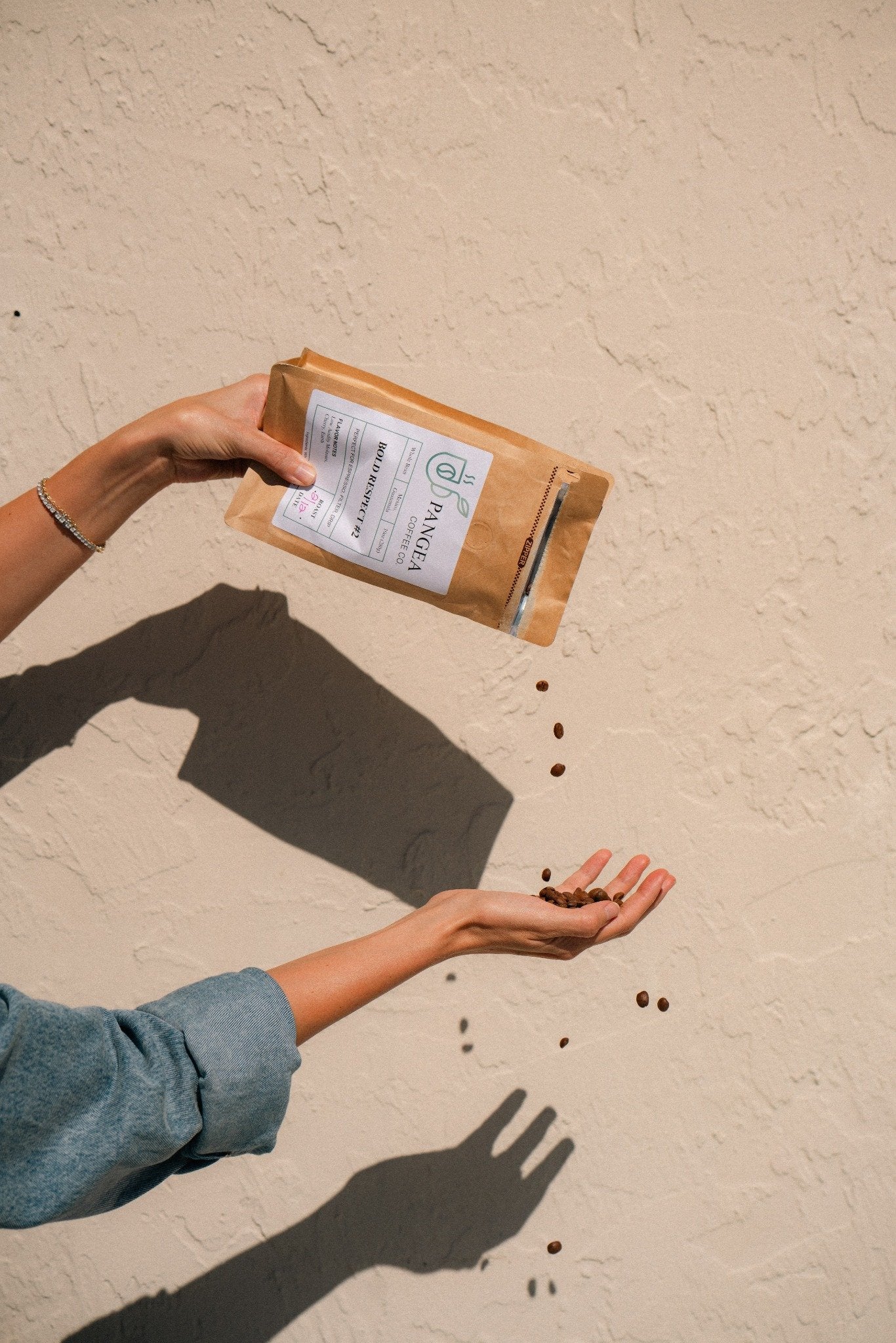 Close-up of Pangea Coffee beans being poured into an open hand – showcasing freshness, whole bean quality, and artisanal care.