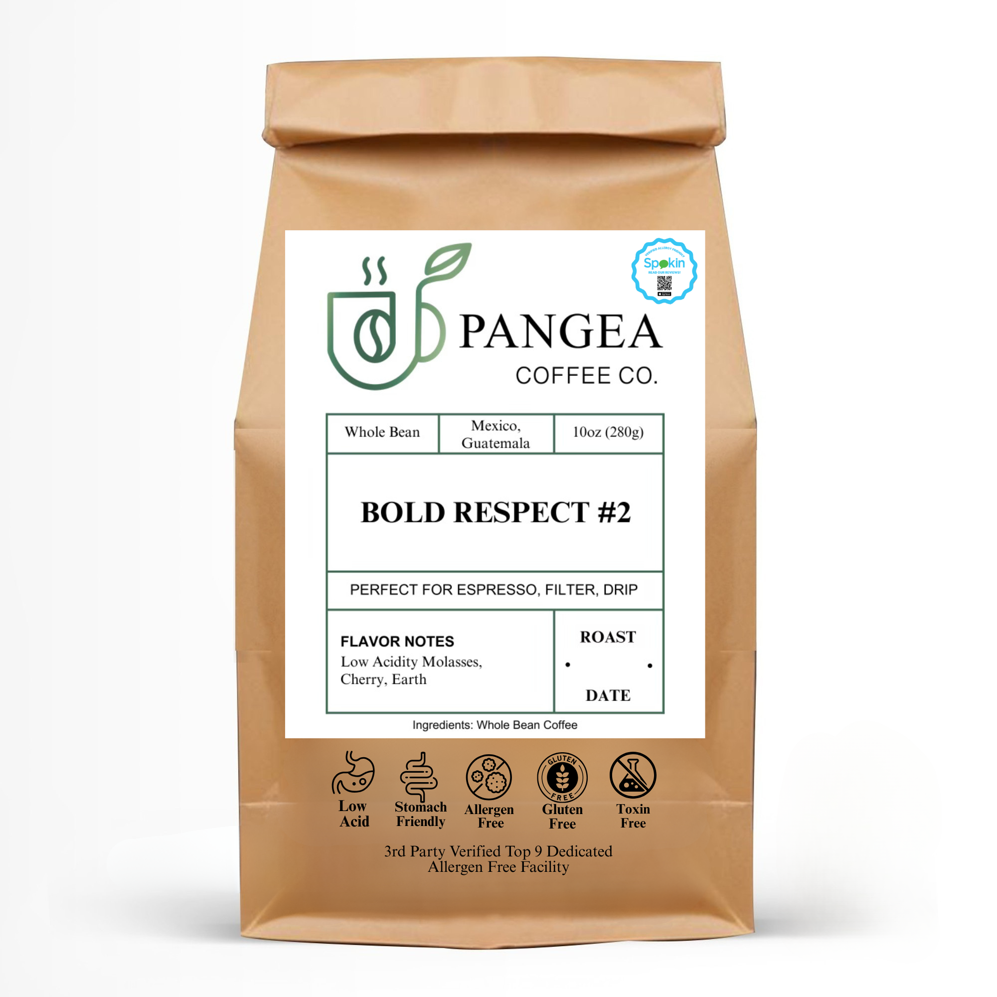 Front-facing image of Pangea Coffee’s Bold Respect Dark Roast bag – creamy, low-acid whole bean espresso with bold flavor and smooth finish in a striking dark design.