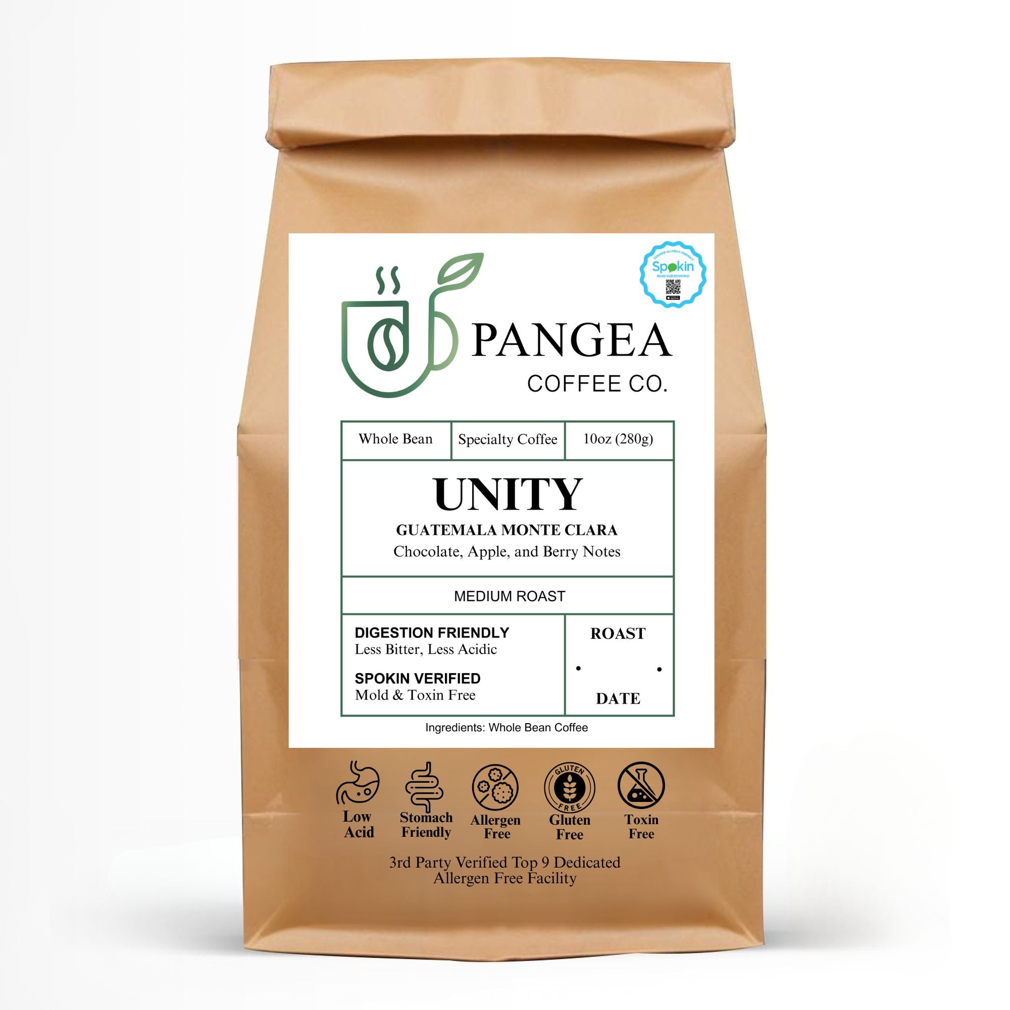 Pangea Unity Guatemala Monte Clara coffee bag, front view – Nuevo Oriente single origin, medium roast, low acid and mold-free whole bean, 10oz.