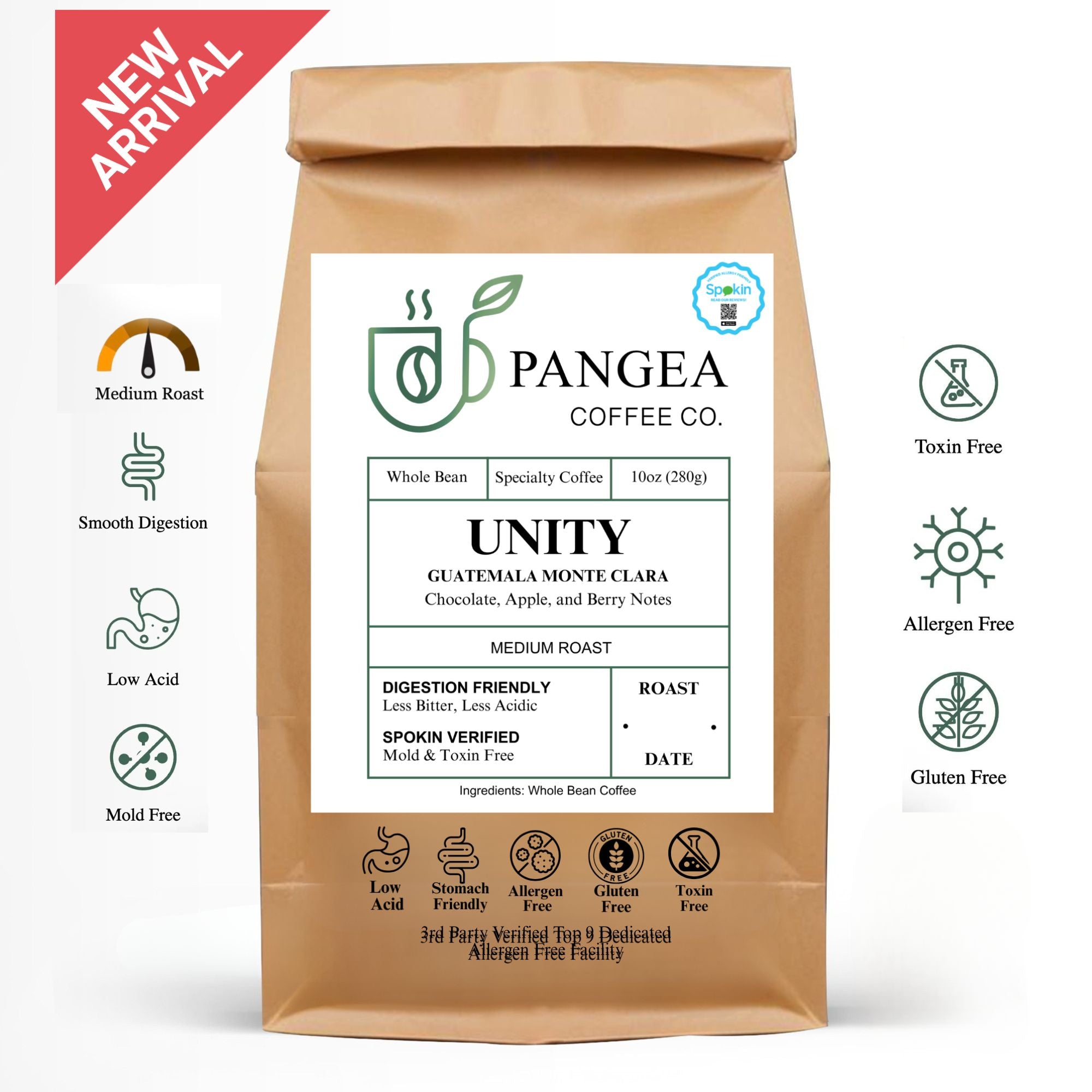 Pangea Unity Guatemala Monte Clara – 10oz medium roast whole bean coffee bag with chocolate, apple, and berry notes. Low acid, mold-free, SPOKIN-verified allergen-free.