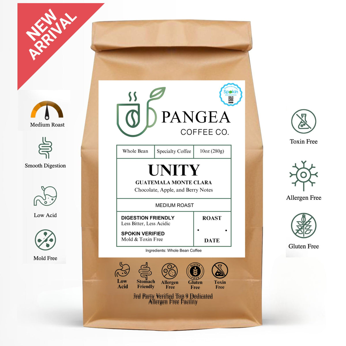 Pangea Unity Guatemala Monte Clara – 10oz medium roast whole bean coffee bag with chocolate, apple, and berry notes. Low acid, mold-free, SPOKIN-verified allergen-free.
