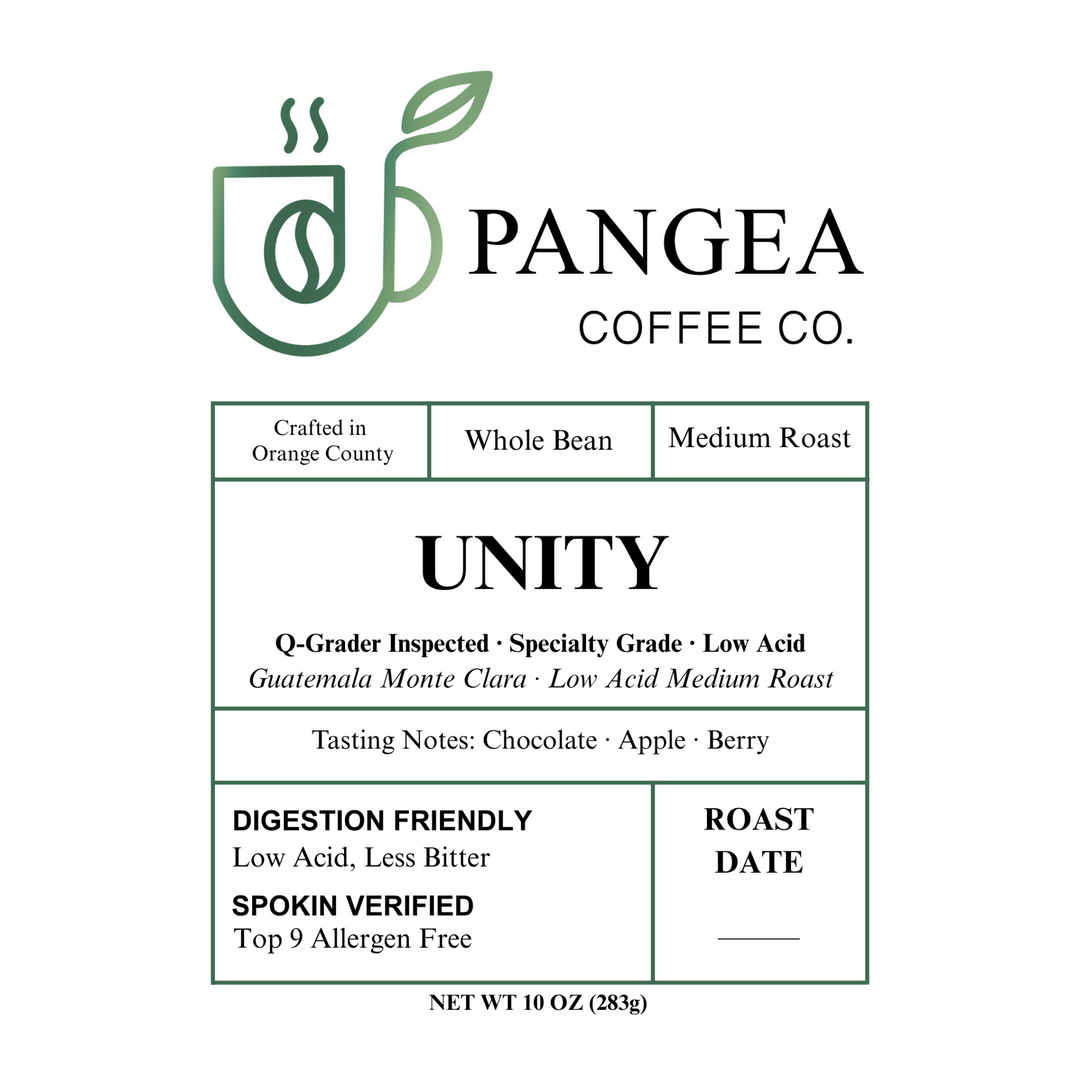 Unity Guatemala Monte Clara label — medium roast, chocolate, apple, berry notes, SPOKIN-verified allergen-free