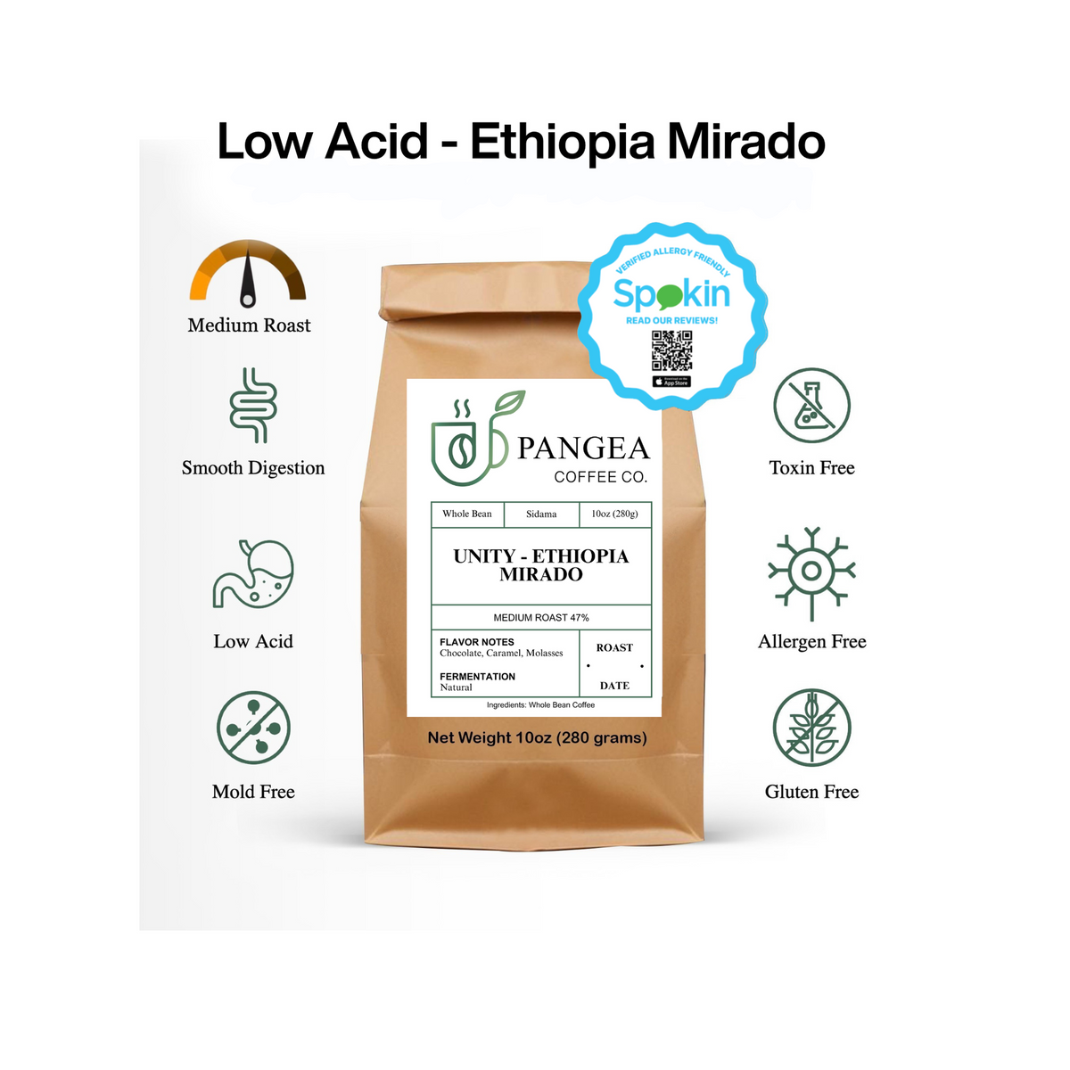 Unity Ethiopia Mirado Medium Roast – Low Acid, Organic, Allergen-Free Coffee Bag (10oz)

