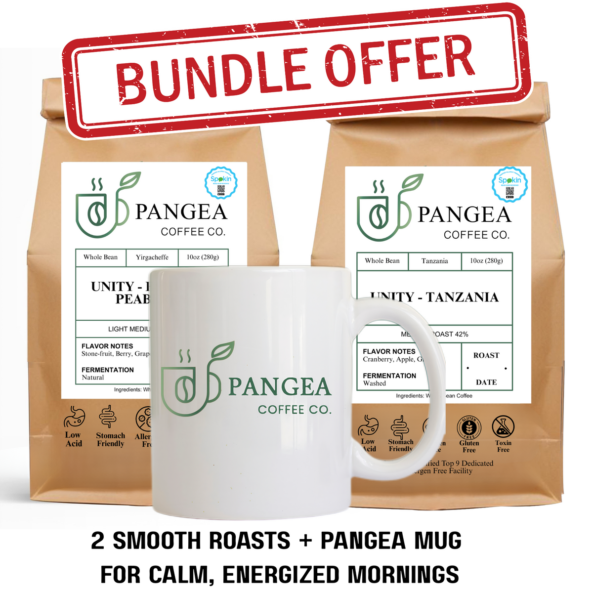 Staged photo of the Rise & Grind Morning Bundle including Hope Light Roast, Unity Medium Roast, and a ceramic Pangea Coffee mug.