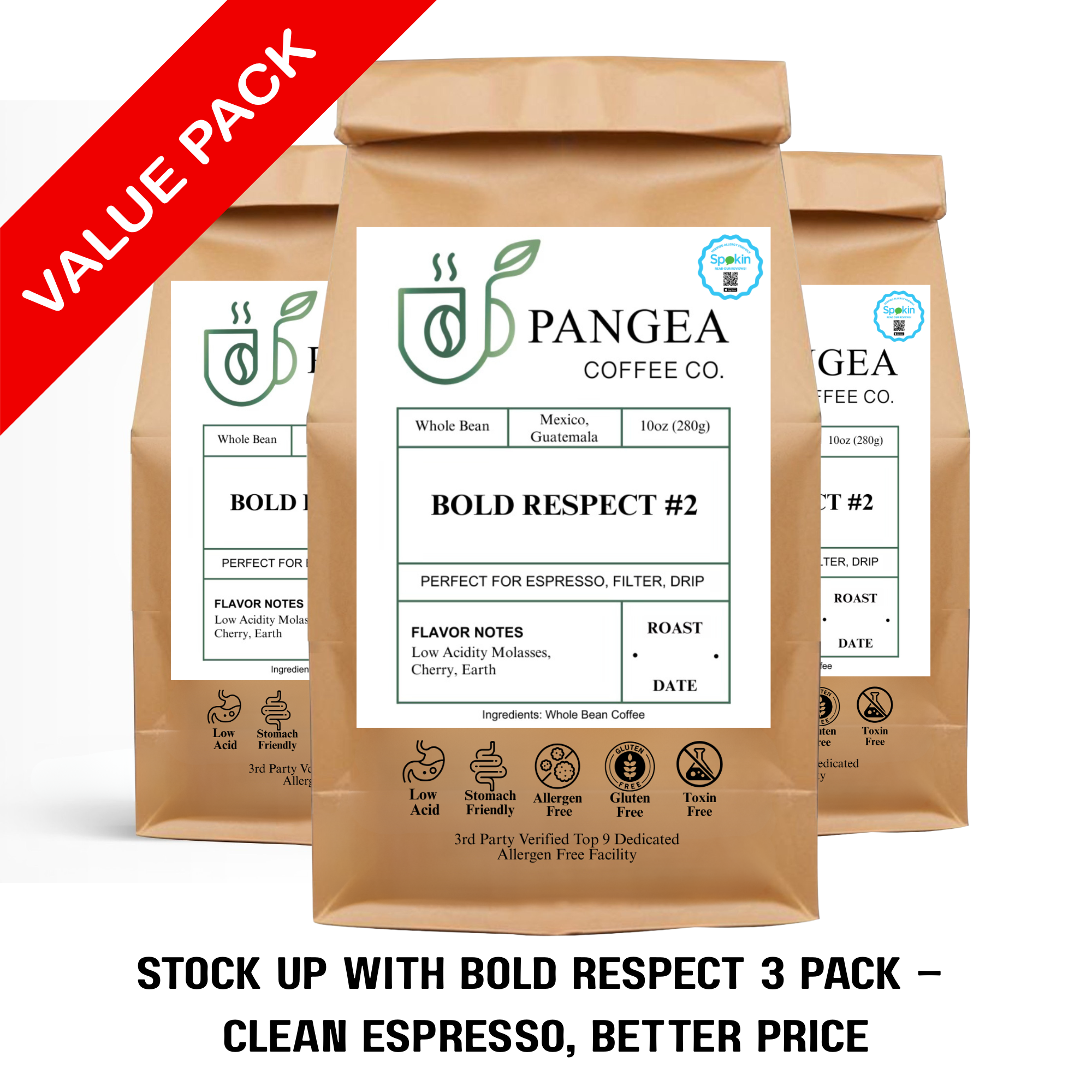 Pangea Coffee Bold Respect No. 2 – 3-Pack of Low Acid, Allergen-Free Whole Bean Dark Roast Espresso