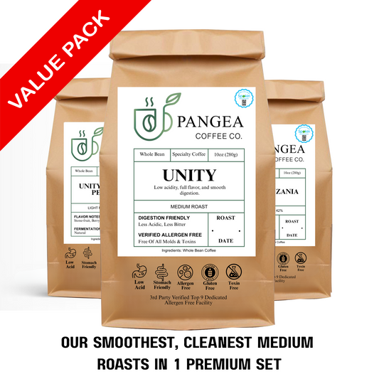 Pangea Coffee Unity Medium Roast 3-Pack – Whole Bean Low Acid Coffee Bundle, Allergen-Free, Roaster’s Choice Selection