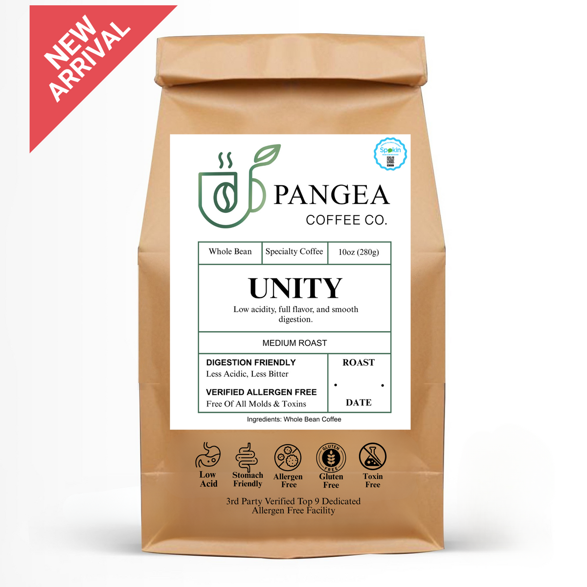 Front-facing image of Pangea Coffee’s Unity Medium Roast bag – Roaster’s Choice whole bean coffee with clean design and low-acid, mold-free callouts.