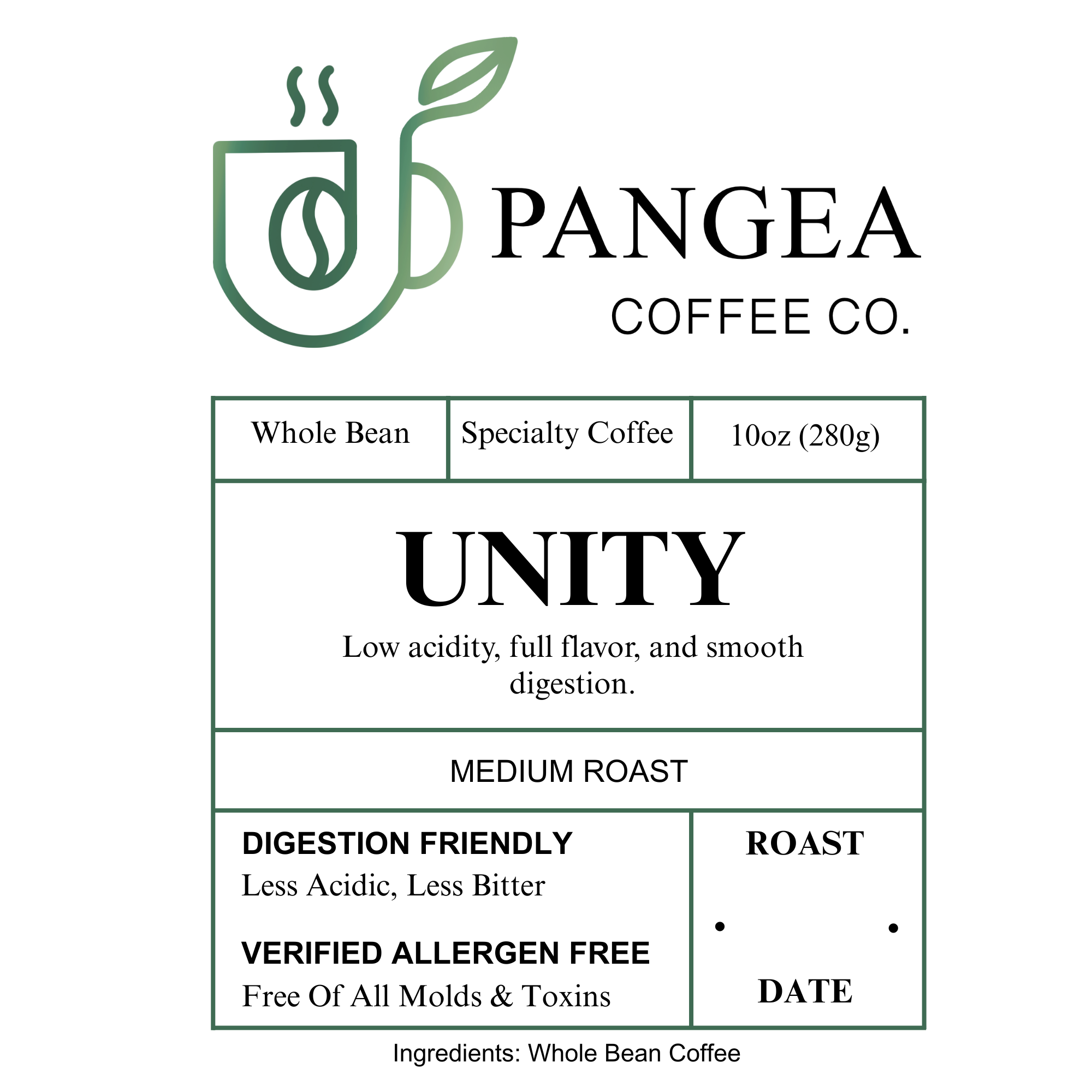Close-up of Pangea Coffee Unity Medium Roast bag label – Roaster’s Choice whole bean coffee with smooth, low-acid profile.