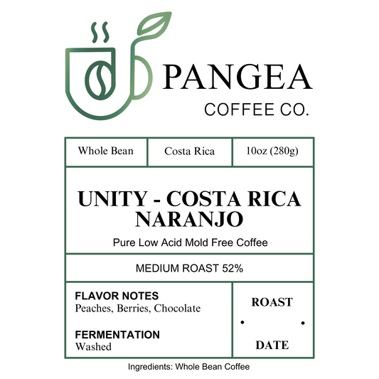 Unity Costa Rica Naranjo coffee bag – medium roast, low acid, mold-free, allergen-free coffee from Pangea white label
