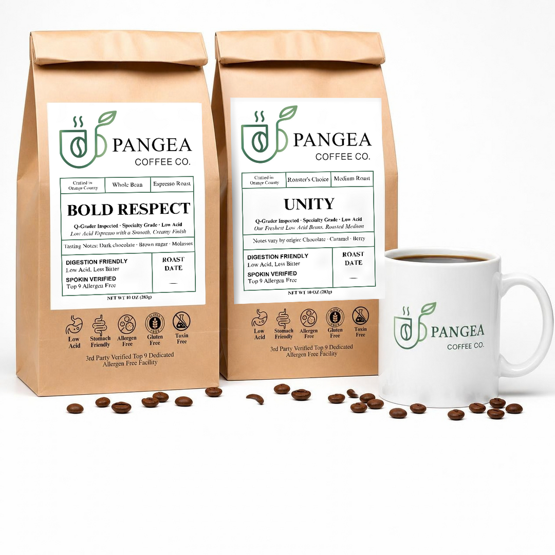 Pangea Athlete Bundle — Bold Respect dark roast and Unity medium roast 10oz bags with a ceramic mug, low acid mold-free coffee for pre and post workout