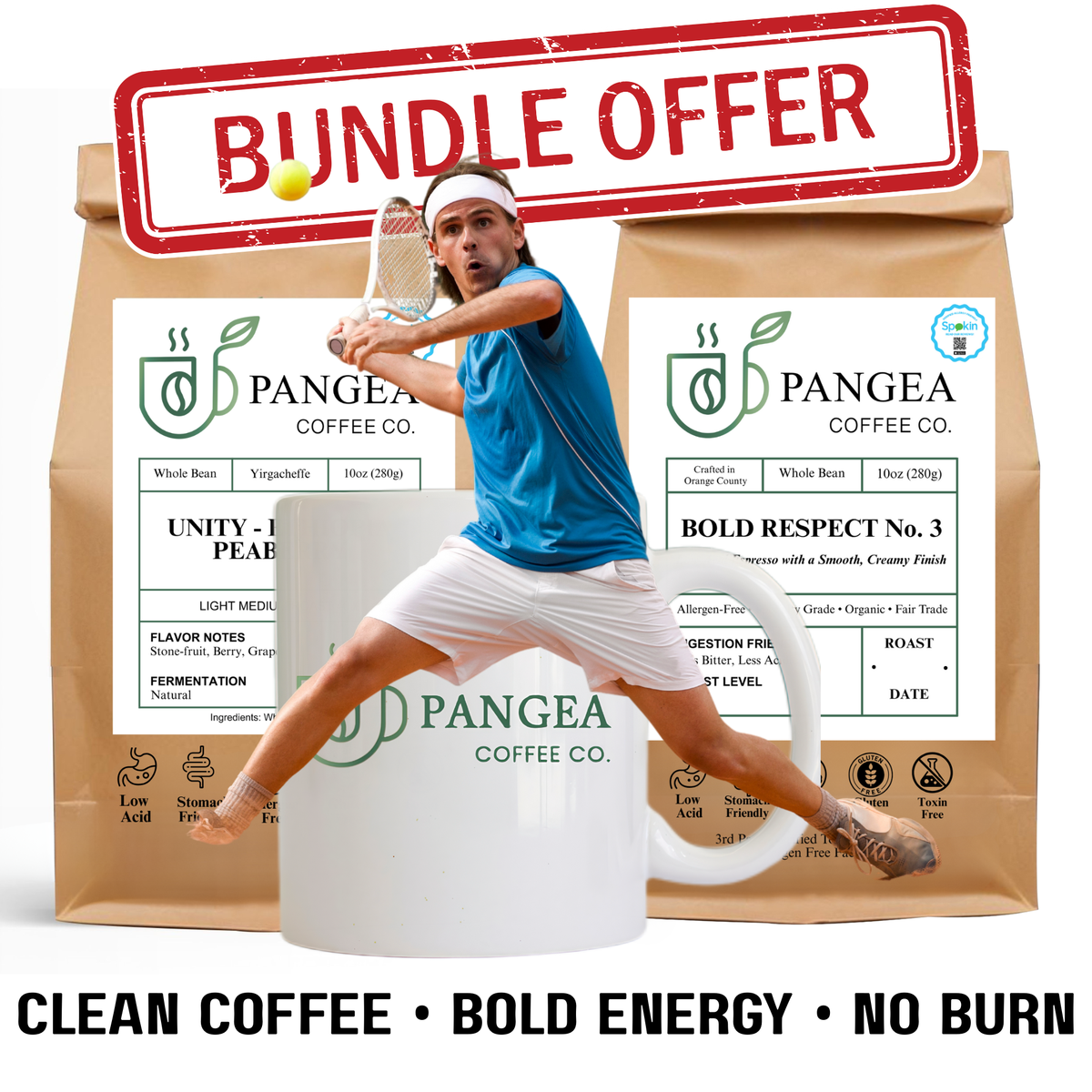 Clean Coffee for Athletes Bundle — Bold Respect dark roast and Unity medium roast with Pangea mug, mold-free low acid coffee for pre and post workout GI-friendly training