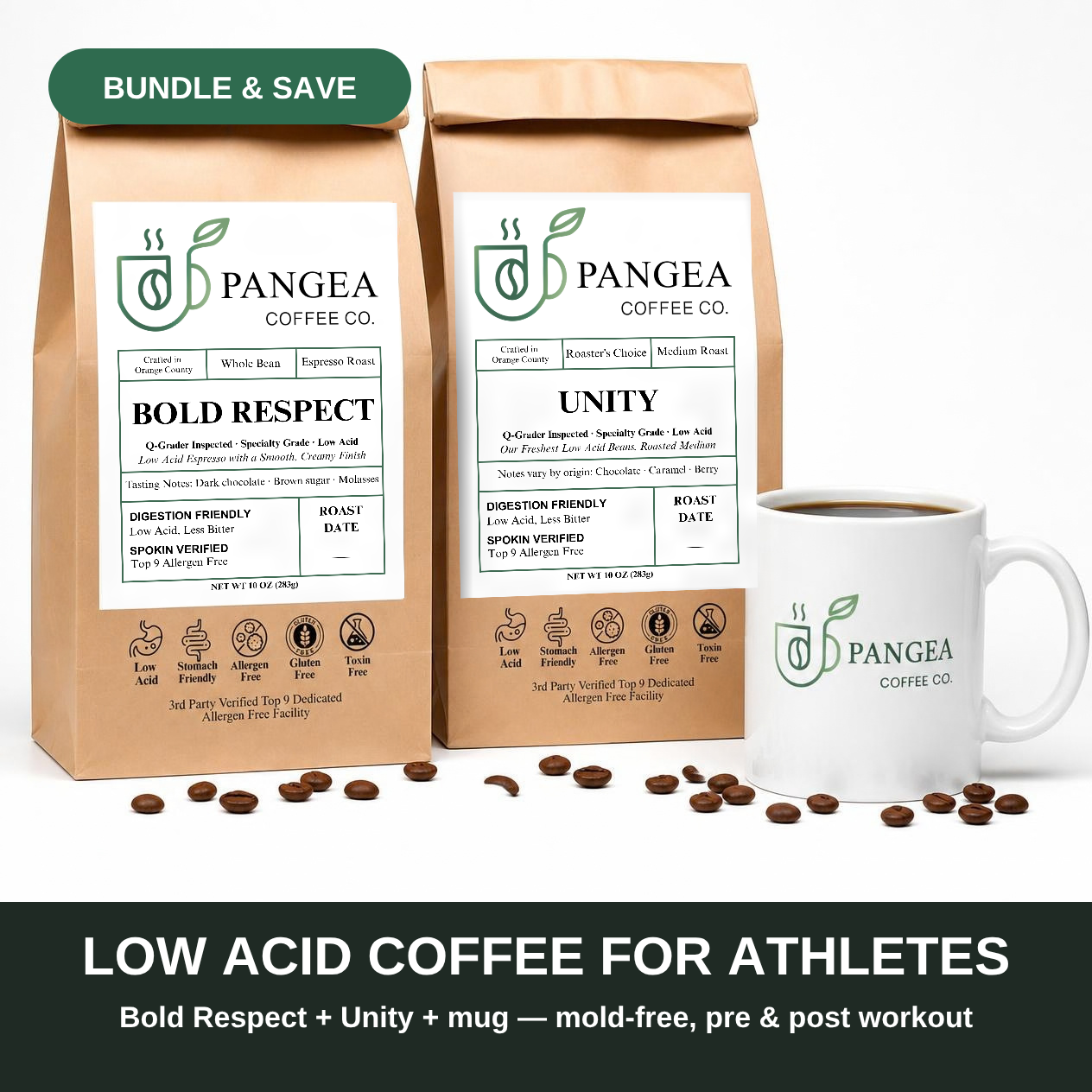 Low acid coffee for athletes — Pangea Athlete Bundle with Bold Respect, Unity and a mug, mold-free, bundle and save