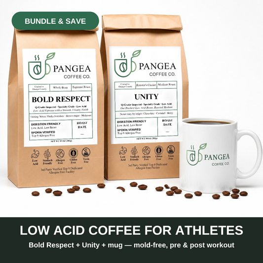 Low acid coffee for athletes — Pangea Athlete Bundle with Bold Respect, Unity and a mug, mold-free, bundle and save