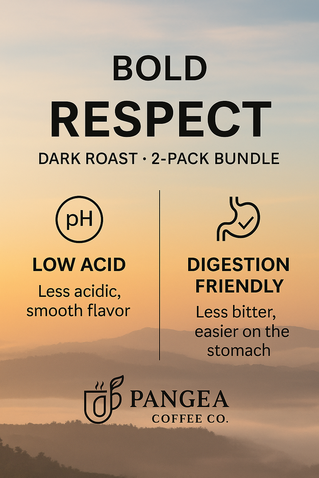 Bold Respect No 3 dark roast 2-pack bundle features - low acid smooth flavor and digestion friendly easier on stomach - Pangea Coffee for GERD and sensitive digestion