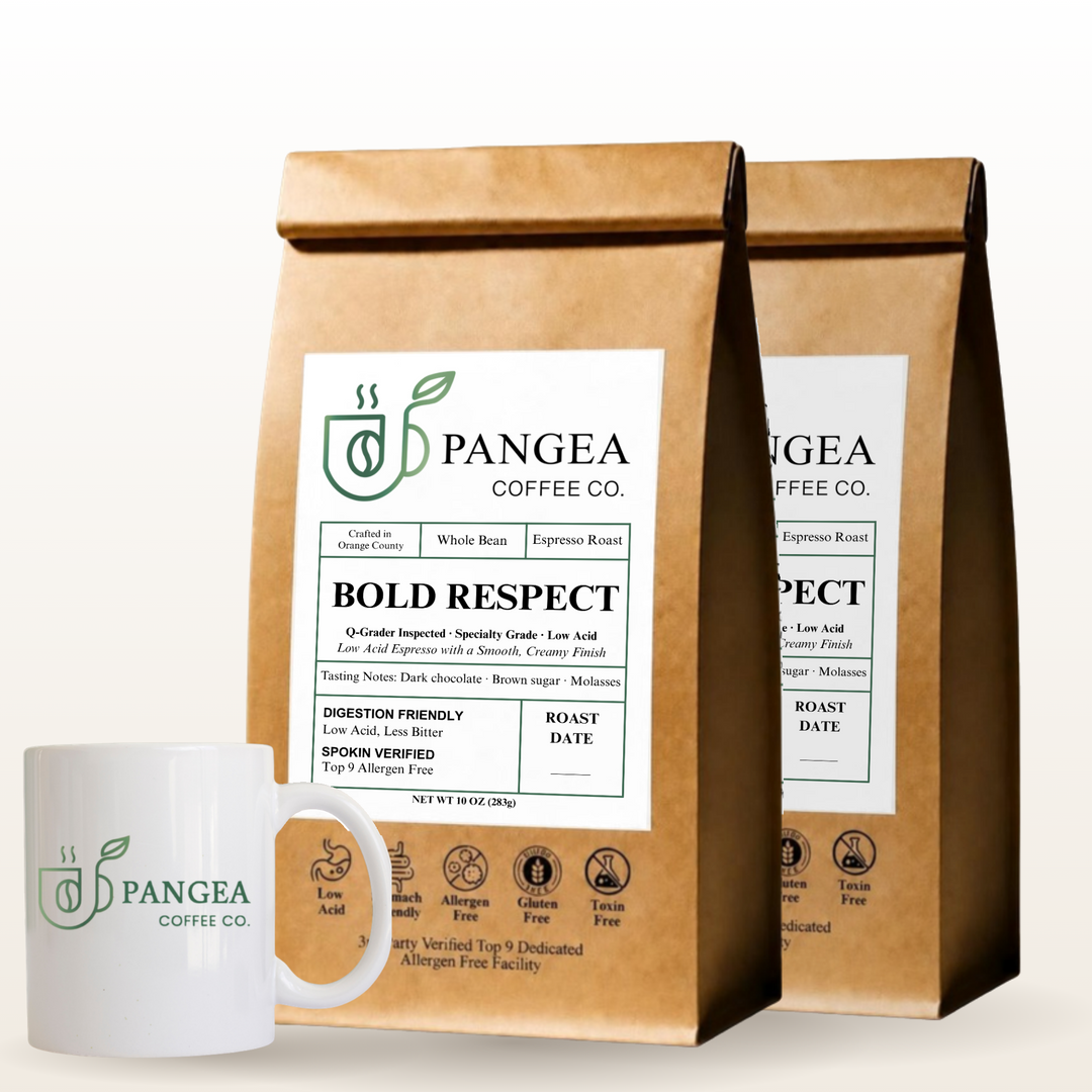 Bold Respect 2-Pack with a Pangea ceramic mug, low acid dark roast espresso