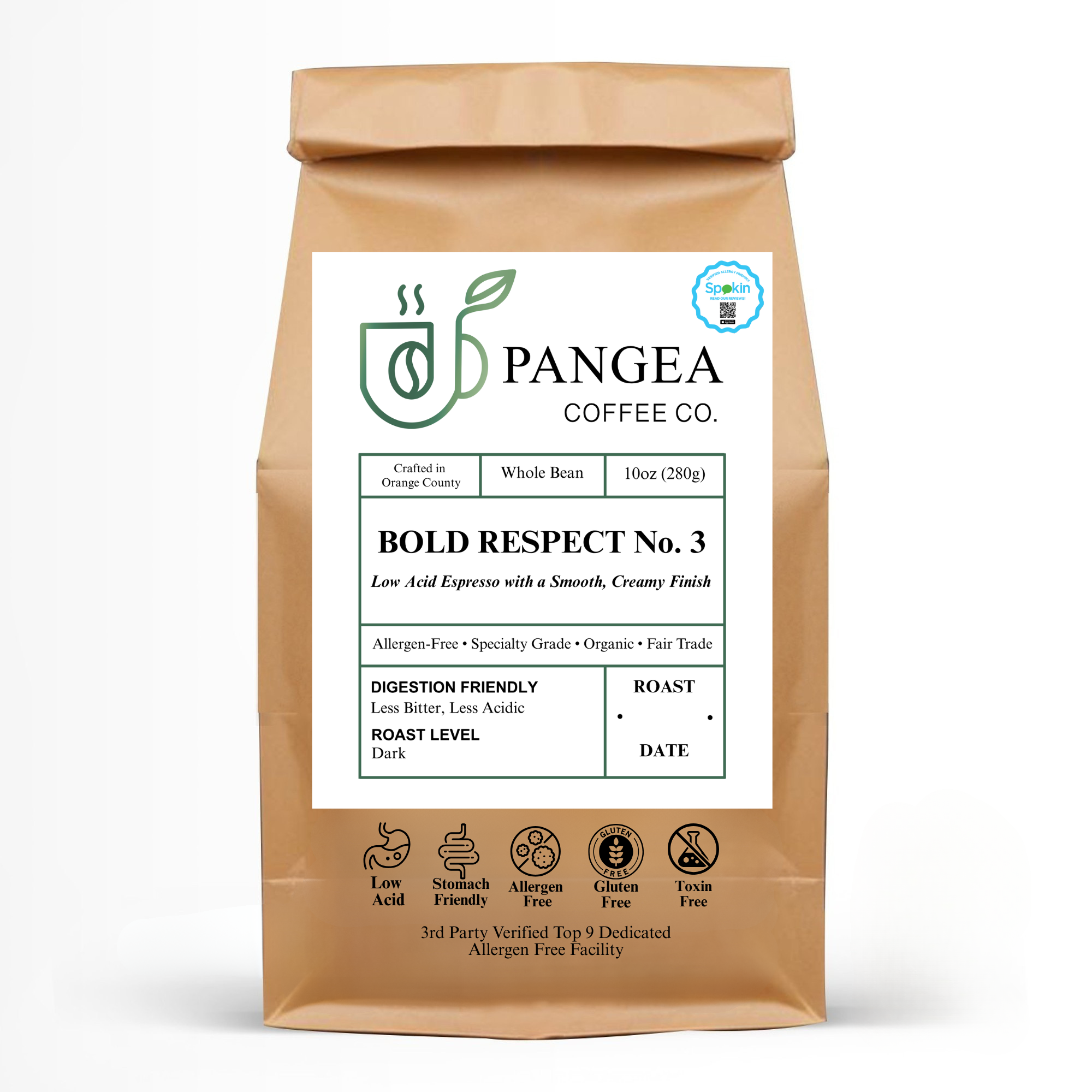Bold Respect No. 3 low acid dark roast espresso coffee with chocolate caramel and earth notes, allergen-free mold-free specialty whole bean