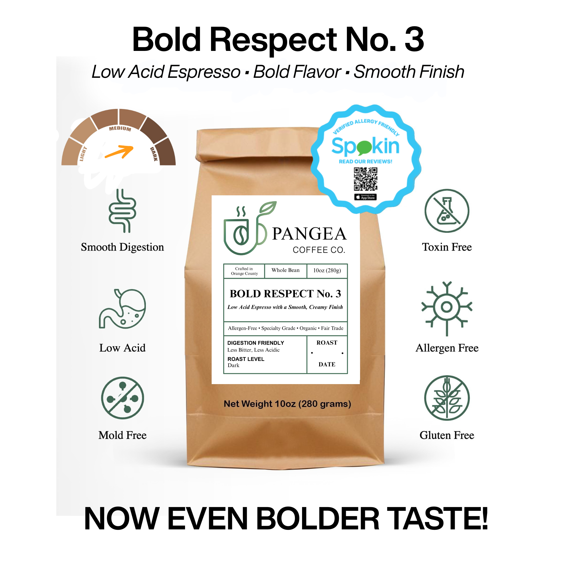 Bold Respect No. 3 low acid dark roast espresso coffee with chocolate caramel and earth notes, stomach-friendly allergen-free mold-free whole bean