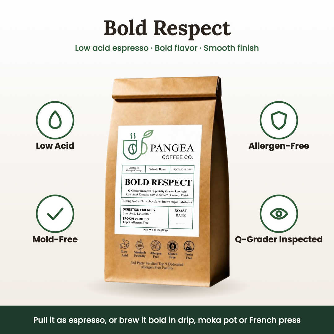 Bold Respect low acid espresso: bold flavor, smooth finish, mold-free and allergen-free