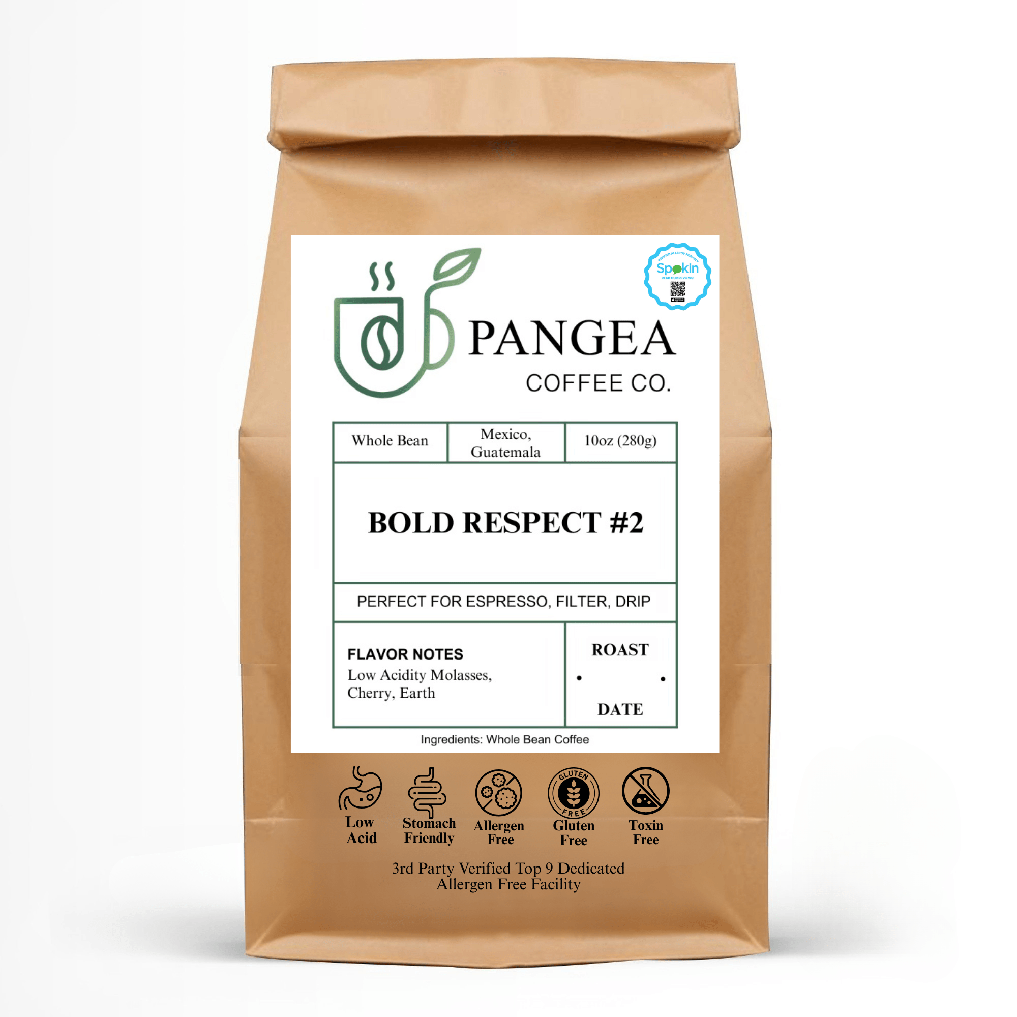 Front of Bold Respect No. 2 – Pangea Coffee’s low-acid, allergen-free dark roast espresso bag