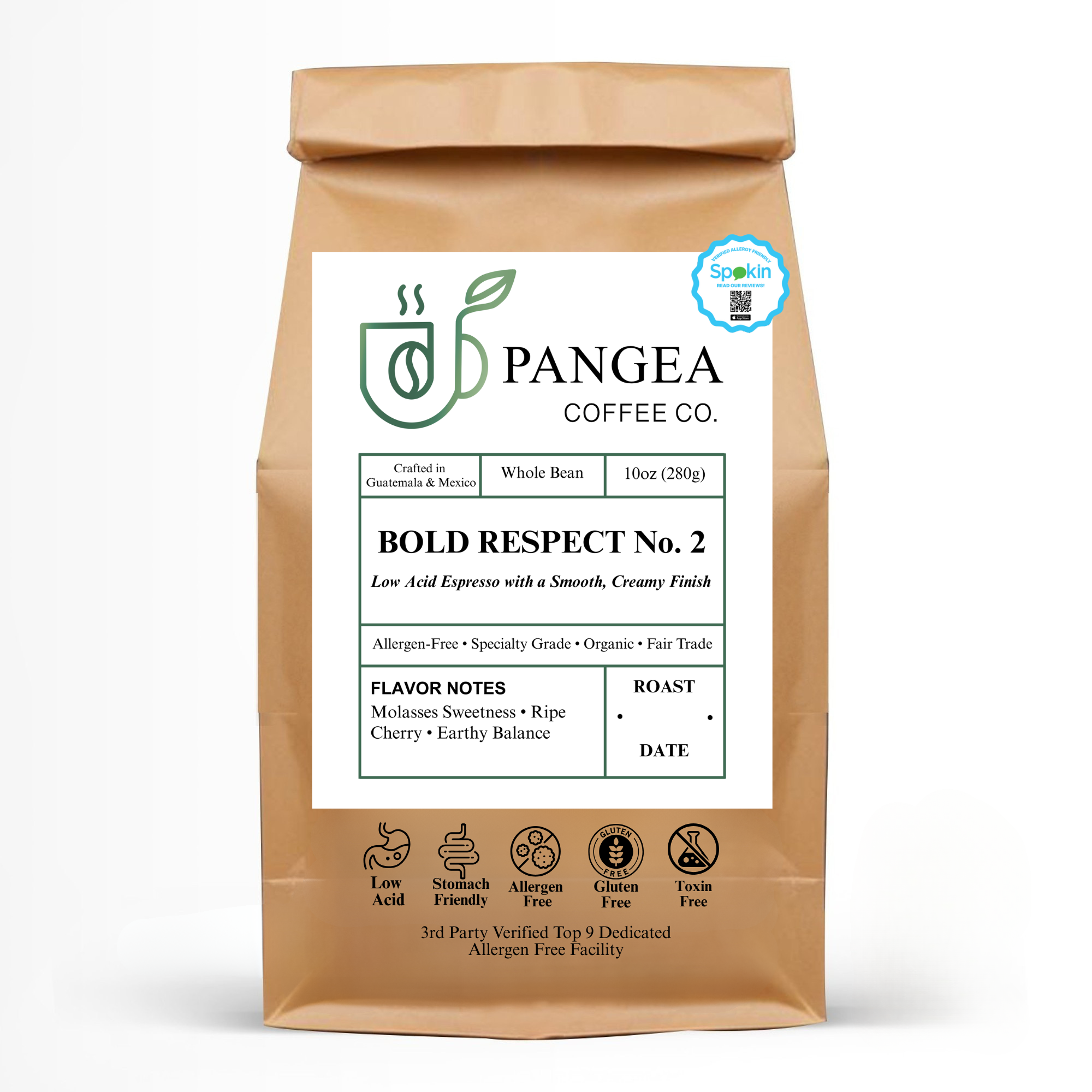 Front of Bold Respect No. 2 – Pangea Coffee’s low-acid, allergen-free dark roast espresso bag
