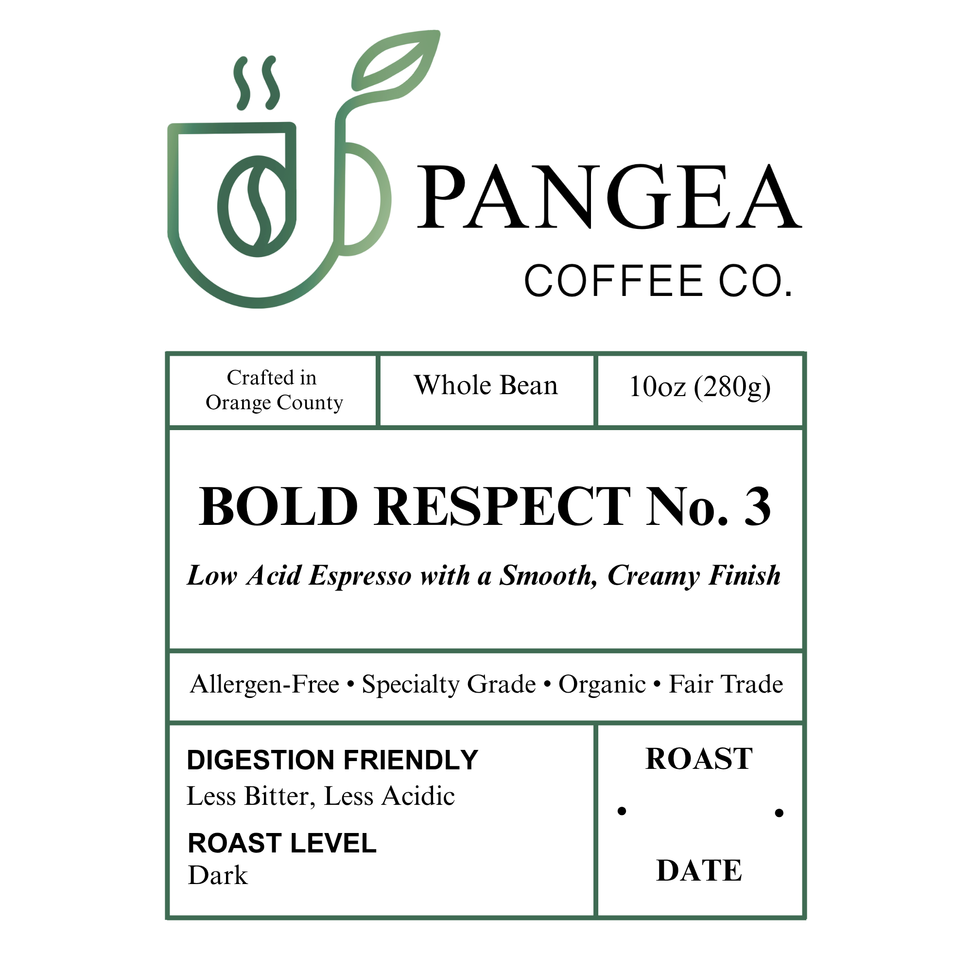 Close-up of Pangea Coffee’s Bold Respect No 3 Dark Roast Espresso label – highlighting creamy espresso, low-acid profile, and specialty-grade whole bean details.