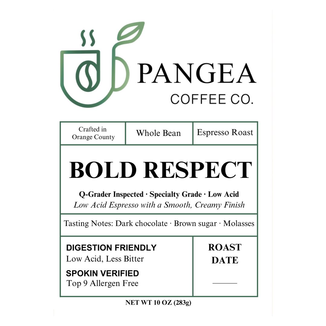 Bold Respect front label: low acid, mold-free espresso roast, whole bean