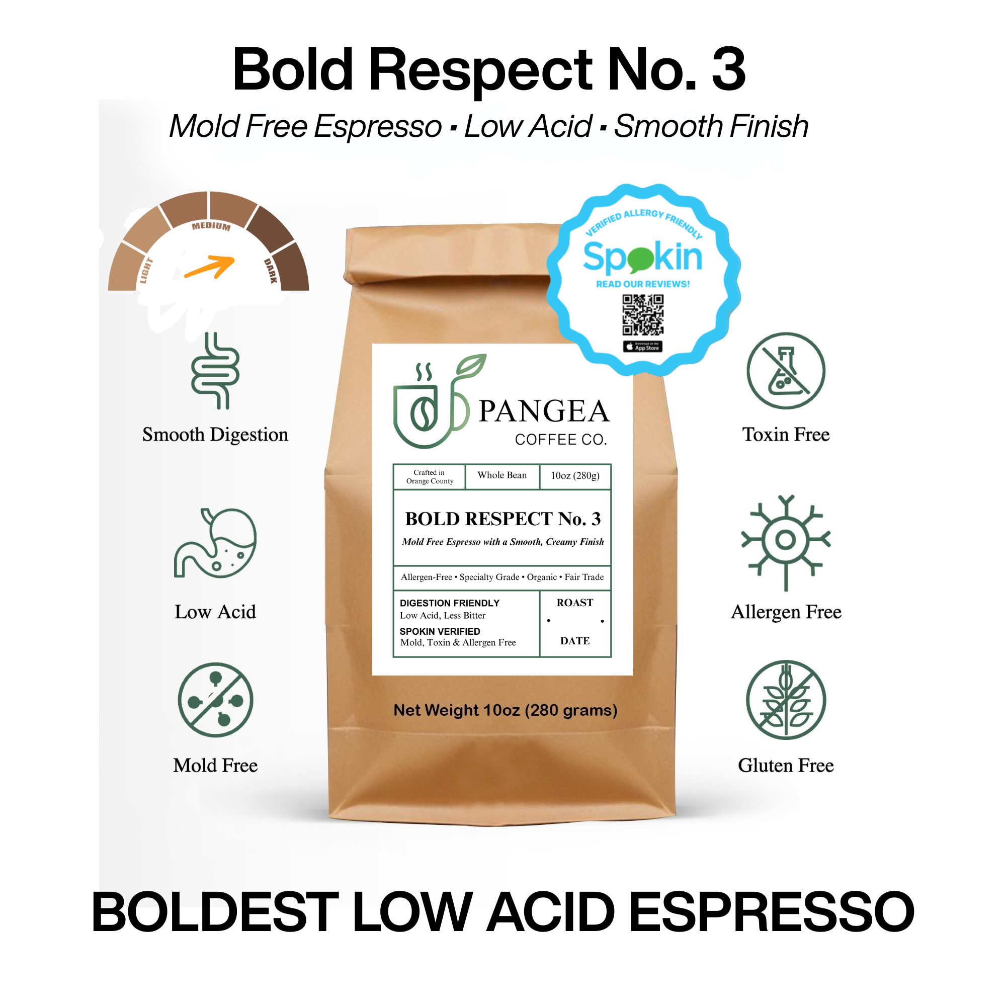 Bold Respect No. 3 mold-free low acid espresso by Pangea Coffee — doctor-recommended dark roast for acid reflux and GERD
