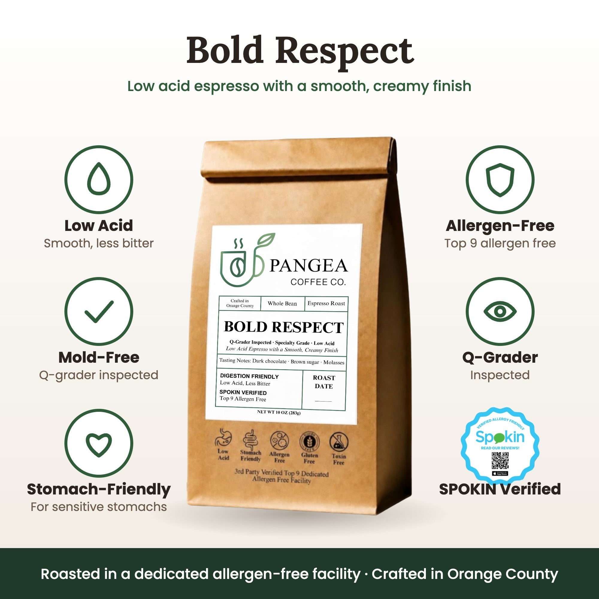 Bold Respect low acid espresso benefits: mold-free, allergen-free, Q-grader inspected, SPOKIN verified