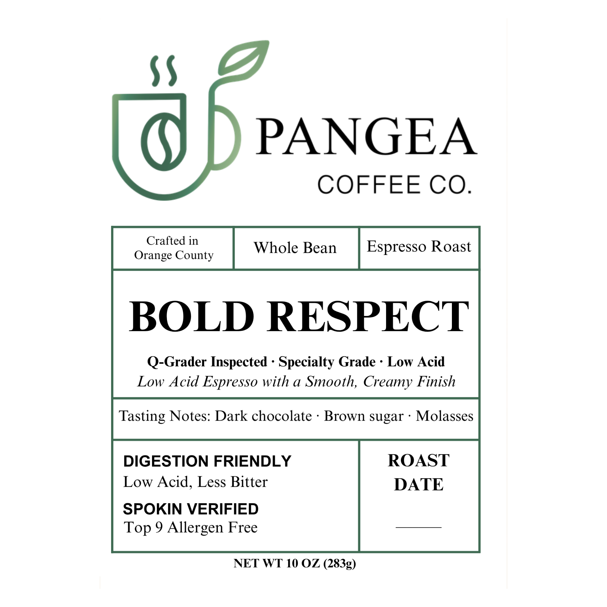 Bold Respect front label close-up: Q-grader inspected, specialty grade, low acid espresso