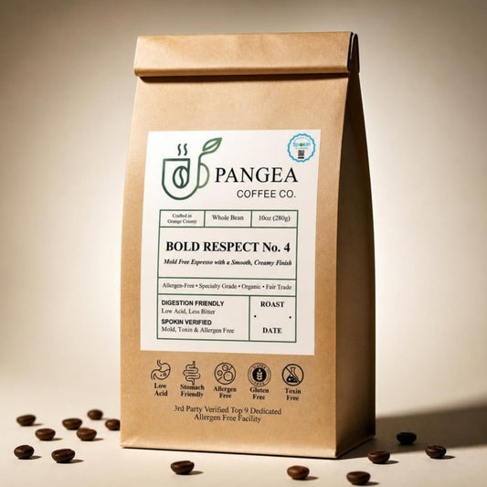 Pangea Bold Respect No. 4 10oz bag of low acid, mold-free, SPOKIN-verified allergen-free dark roast espresso beans