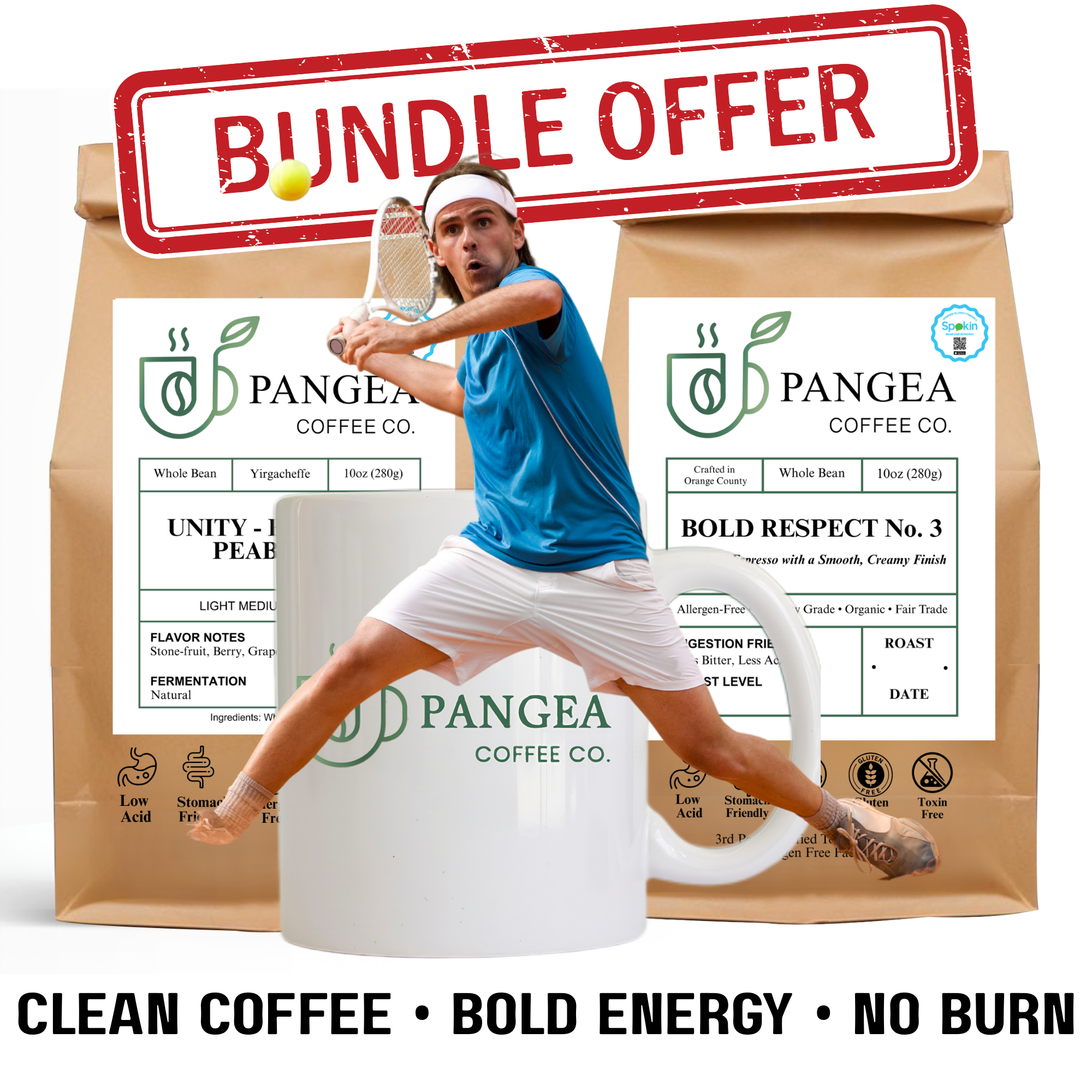 Bold Respect dark roast and Unity medium roast low acid coffee for athletes - pre-workout and post-workout options