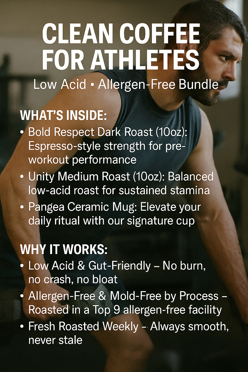 Clean Coffee for Athletes bundle infographic - Bold Respect dark roast and Unity medium roast with mug - low acid allergen-free mold-free coffee for pre-workout post-workout performance and gut health