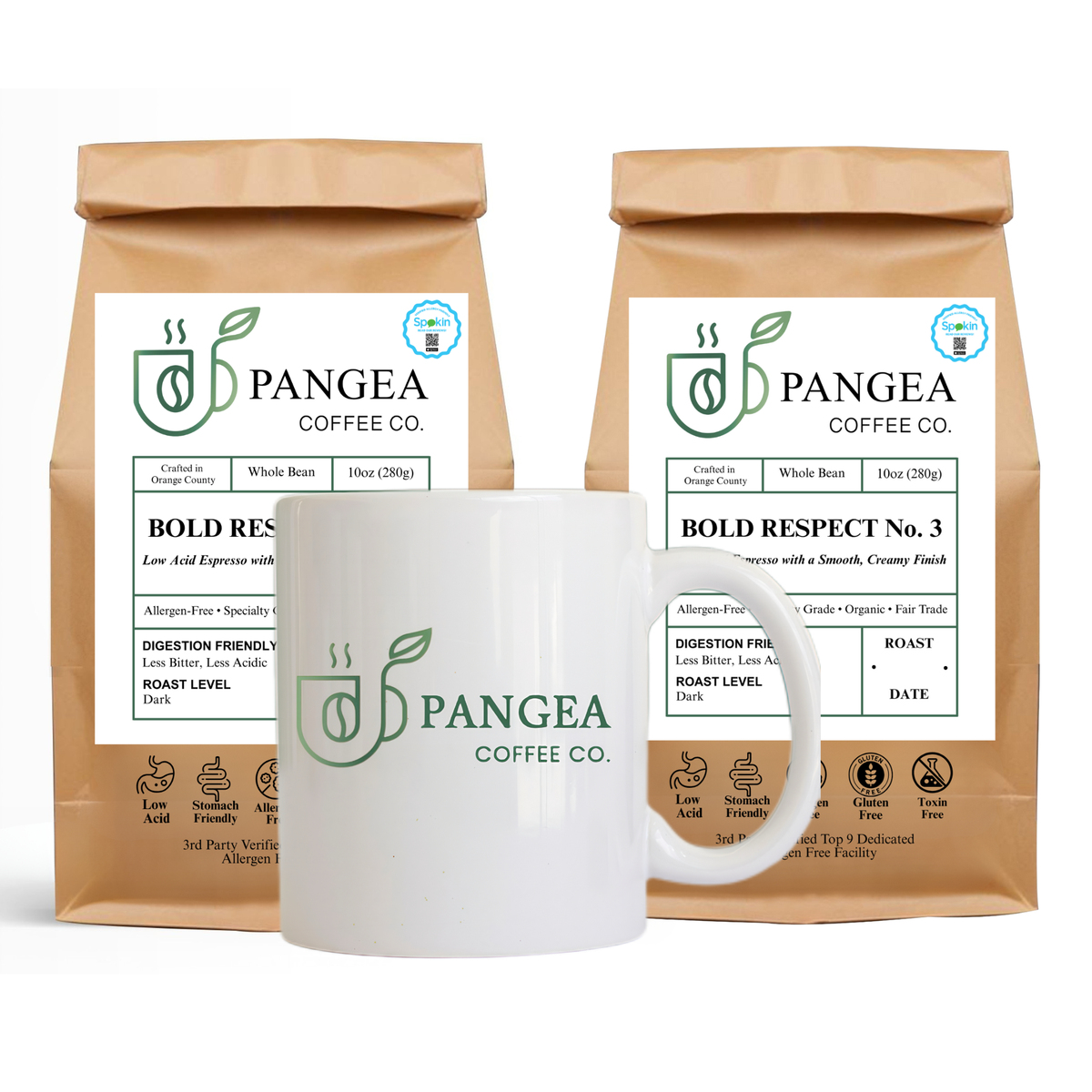 Bold Respect No 3 bundle - 2 bags low acid espresso plus Pangea ceramic mug gift set for acid reflux GERD and sensitive stomach