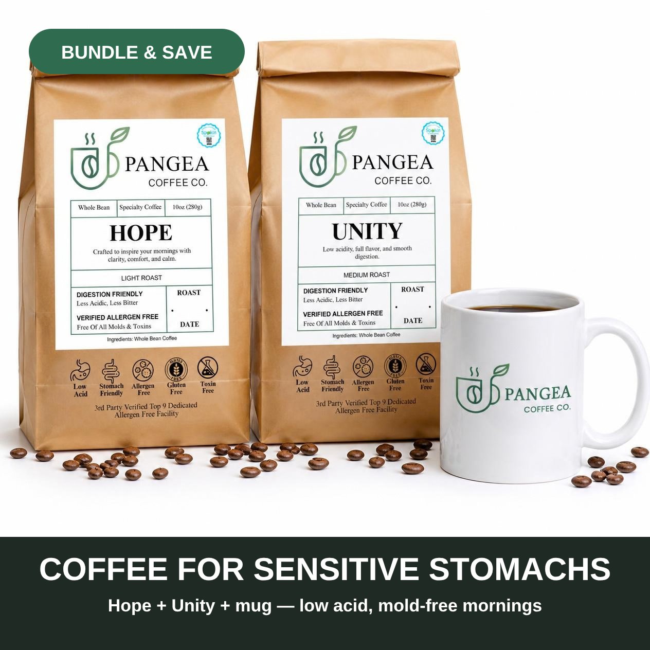 Coffee for sensitive stomachs — Rise & Grind Bundle: Hope light roast, Unity medium roast and a Pangea mug for low acid, mold-free mornings, bundle and save