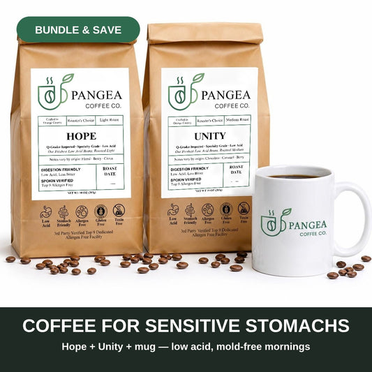 Coffee for sensitive stomachs — Rise & Grind Bundle: Hope light roast, Unity medium roast and a Pangea mug for low acid, mold-free mornings, bundle and save