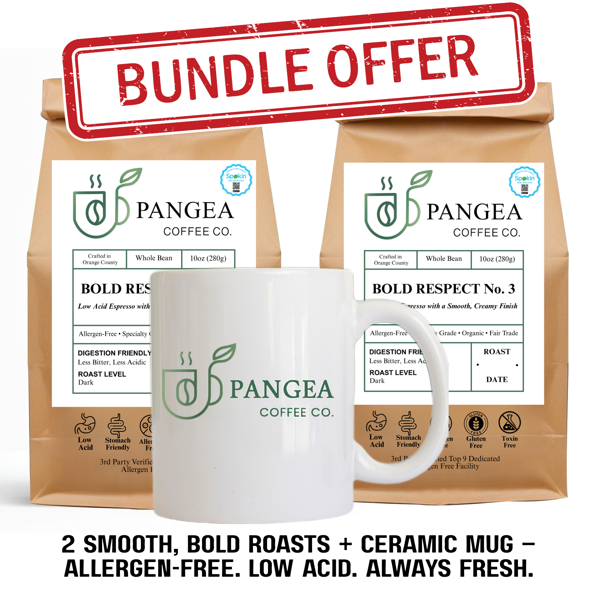 Bold Respect No 3 gift bundle flat lay - 2 bags low acid organic espresso with ceramic mug perfect for GERD friendly coffee lovers