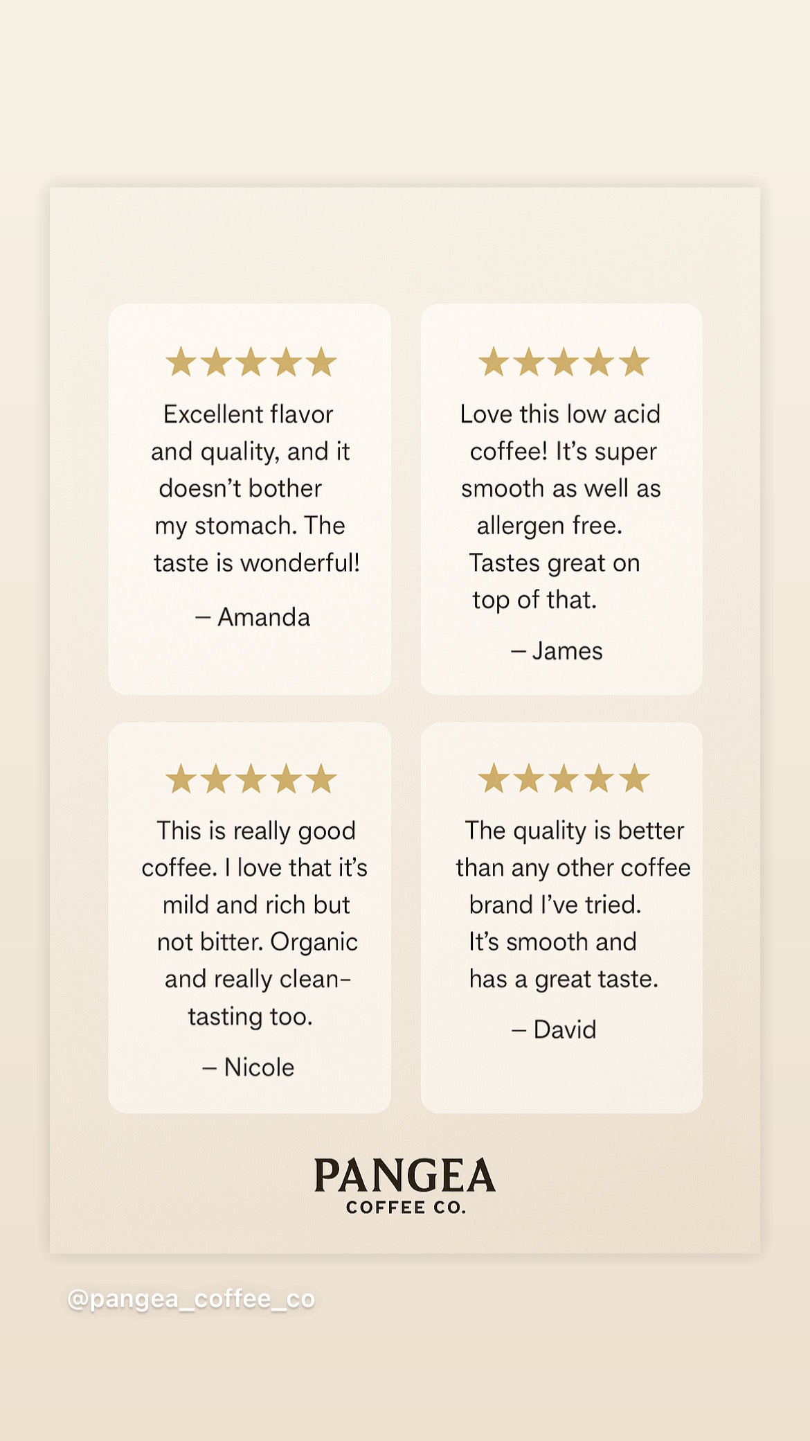 Customer reviews praising Pangea Coffee low-acid allergen-free products - 5-star testimonials for smooth flavor, no stomach burn, and GERD-friendly coffee