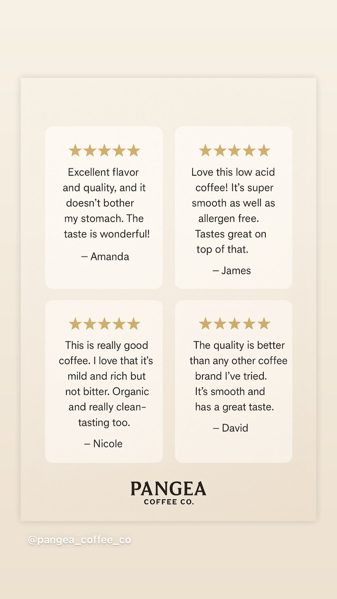 Collage of 5-star customer reviews for Pangea low acid, allergen-free coffee — smooth and easy on the stomach