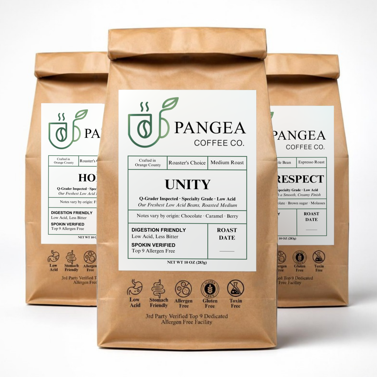 Pangea Discovery Pack Membership — Hope light, Unity medium and Bold Respect espresso, three low acid mold-free coffee bags delivered monthly