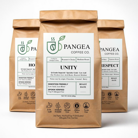 Pangea Discovery Pack Membership — Hope light, Unity medium and Bold Respect espresso, three low acid mold-free coffee bags delivered monthly