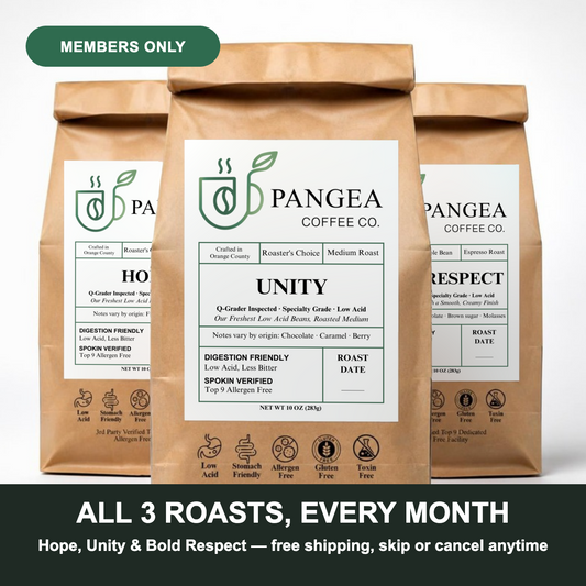Pangea Discovery Pack Membership: Hope, Unity and Bold Respect low acid mold-free coffee delivered every month