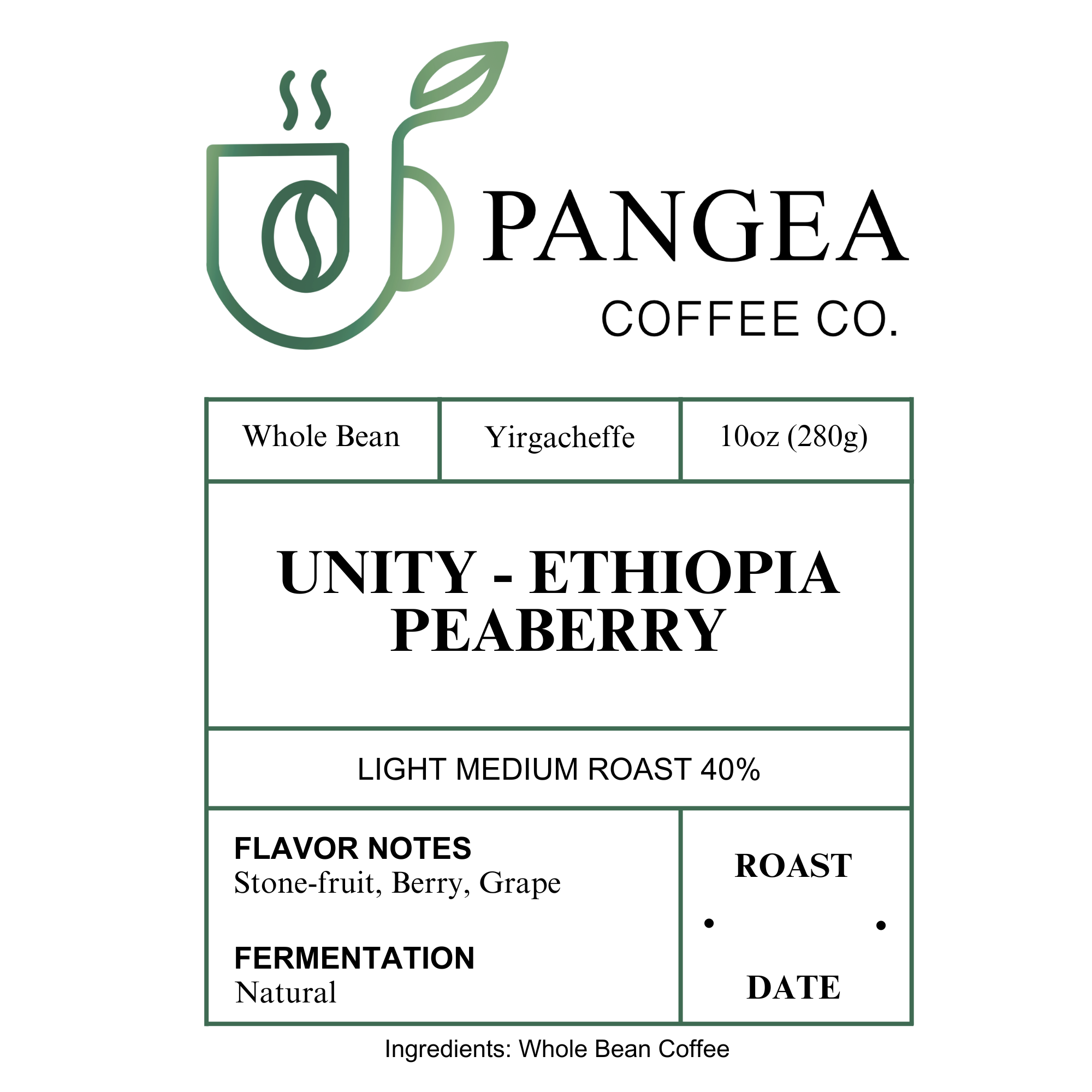 Ethiopia Peaberry coffee bag front label – organic, low acid, allergen-free, and fruit-forward.