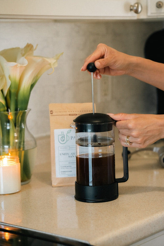 Freshly brewed Pangea Coffee being poured from French press into mug - low acid smooth aromatic coffee lifestyle shot for home brewing