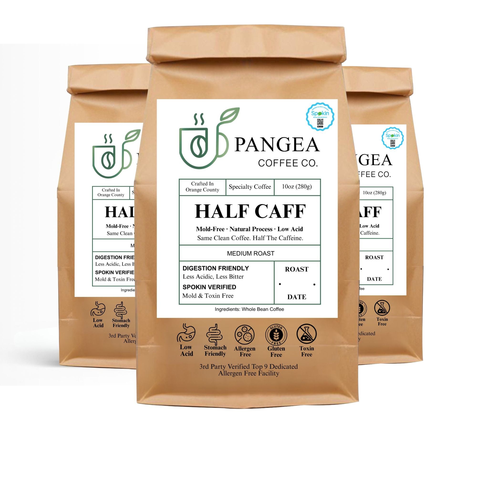 Half Caff 3-Pack bundle graphic — low acid, mold-free, SPOKIN-verified allergen-free medium roast, buy 3 and save