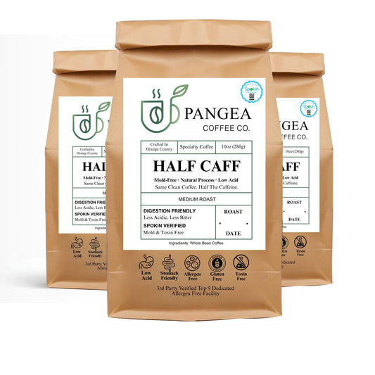 Half Caff 3-Pack bundle graphic — low acid, mold-free, SPOKIN-verified allergen-free medium roast, buy 3 and save