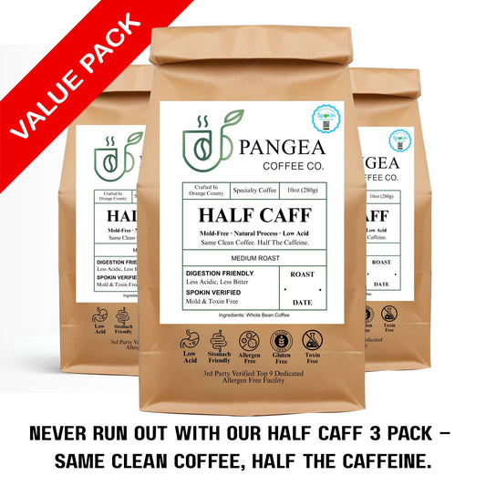 Pangea Half Caff 3-Pack — three 10oz bags of low acid, mold-free half caff coffee with half the caffeine